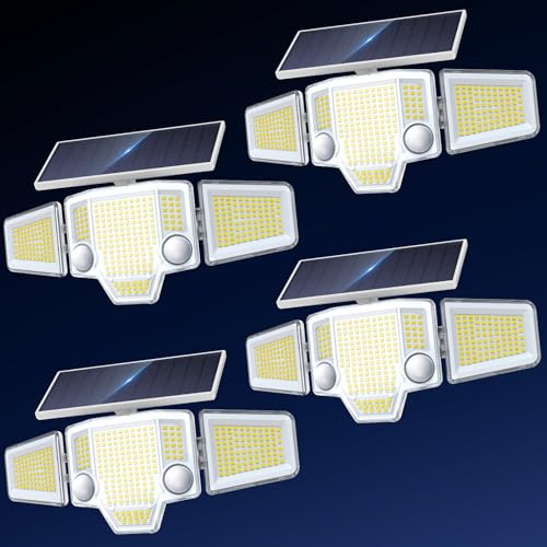 TuyLuxe 2026 White Motion Sensor Solar Lights Outdoor, 4000LM Solar Flood Lights with Dual PIR & Curved 300° Wide Beam, Larger 3500mAh Adjustable Solar Security Spot Lights Waterproof for Yard-4Pack