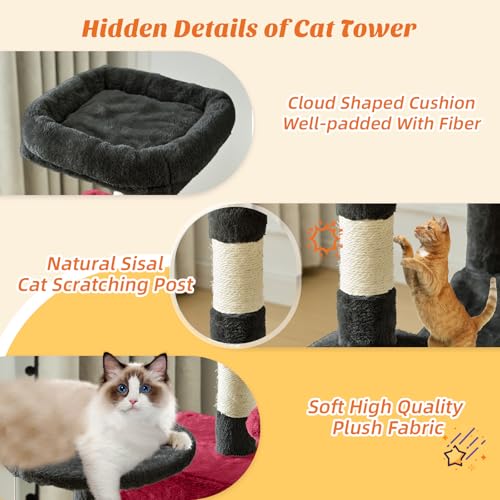 Image of Sweetcrispy 44 Inch Cat Tree Tower, Cat Climbing Tower with Natural Sisal Scratching Posts, Hammock, Pet Condo for Indoor Cats and Kittens Play, Black and Red