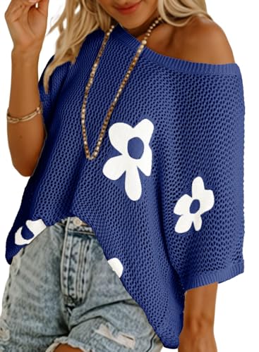 Image of Dokotoo Womens Floral Fashion Summer Tops 2026 Short Sleeve Crochet Sweaters Swimsuit Cover Ups Lightweight Knit Pullover