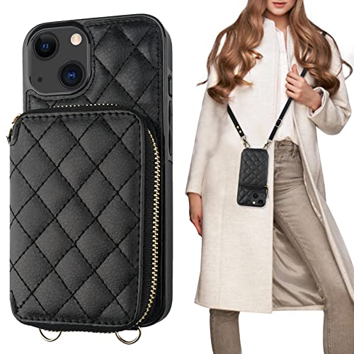 Bocasal Crossbody Wallet Case for iPhone 13 RFID Blocking PU Leather Zipper Handbag Purse Flip Cover Kickstand Folio Case with Card Slots Holder Wrist Strap Lanyard 5G 6.1 Inch (Black)