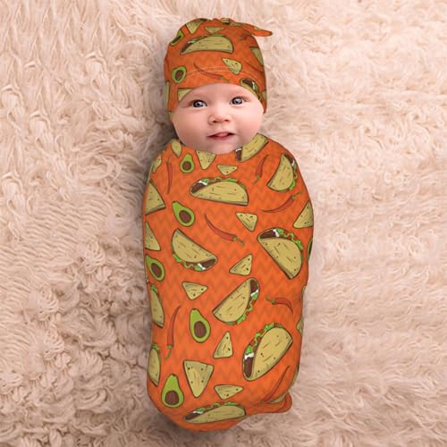 Image of Burrito Tortilla Taco Swaddle Blanket with Hat Set, Soft Newborn Swaddle Outfit Shower Funny Gift for Boys and Girls