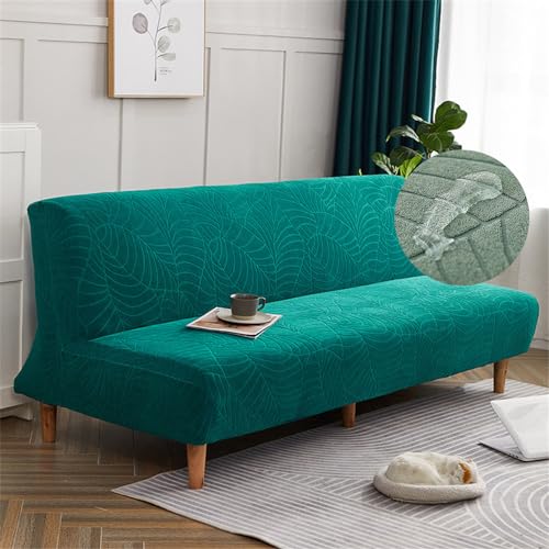 Surwin Armless Sofa Bed Cover Jacquard Non Slip Waterproof Stretch Futon Slipcover Protector for 2 Seater/3 Seater Folding Sofa Bed without Armrests (160-190cm,Peacock blue)
