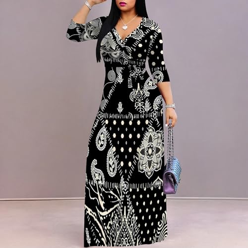 Image of PinkPatty Women's Print Maxi Dresses 3 /4 Sleeve Flowy Long Dress V Neck Wrap Tie Waist Sundress