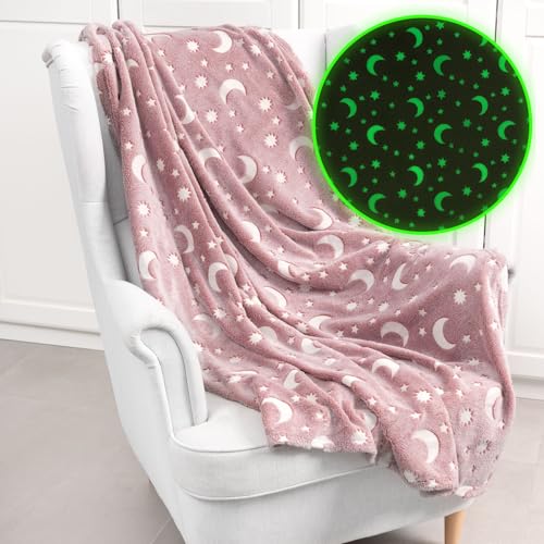 Miniatura 6 de Wanapix Manta Luminosa Brilla En La Oscuridad Suave Y Acogedora Para Niños Y Niñas Manta Rosa De Lunas Apta Lavadora 150x125 Cm