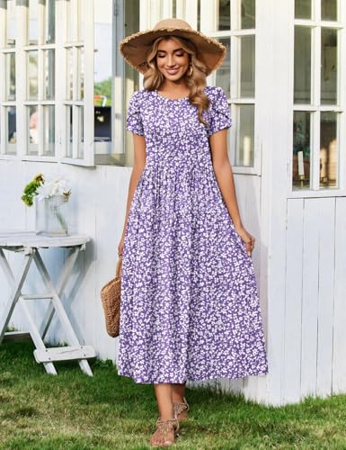 Image of Zeagoo Summer Dresses for Women 2026 Maxi Bohemian Floral Short Sleeve Long Dress Casual Flowy Tired Beach Sundress