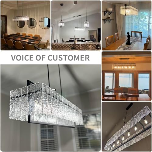 IKK Modern Rectangle Black Crystal Chandeliers for Dining Room, 42" Large Rectangular Water Ripple Glass Island Light Fixture, Linear Farmhouse Lighting for Kitchen Island, Living Room, L42xW11xH12