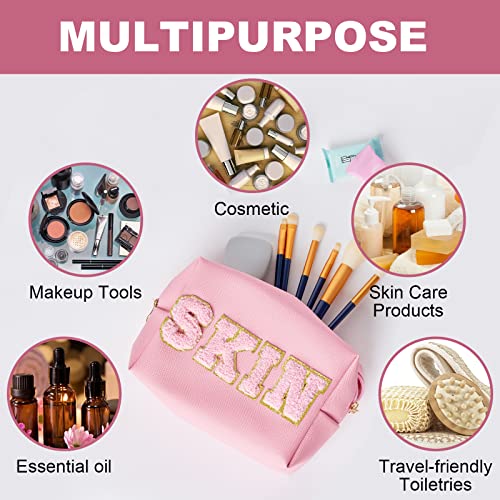 Burskit Preppy Patch Hair & Skin Portable Makeup Bag Bulk Pu Leather Cosmetic Bag Waterproof Travel Organizer Zipper Pouch Storage Purse For Women Girls Gift (Pink & Shell Gold) #TOP3