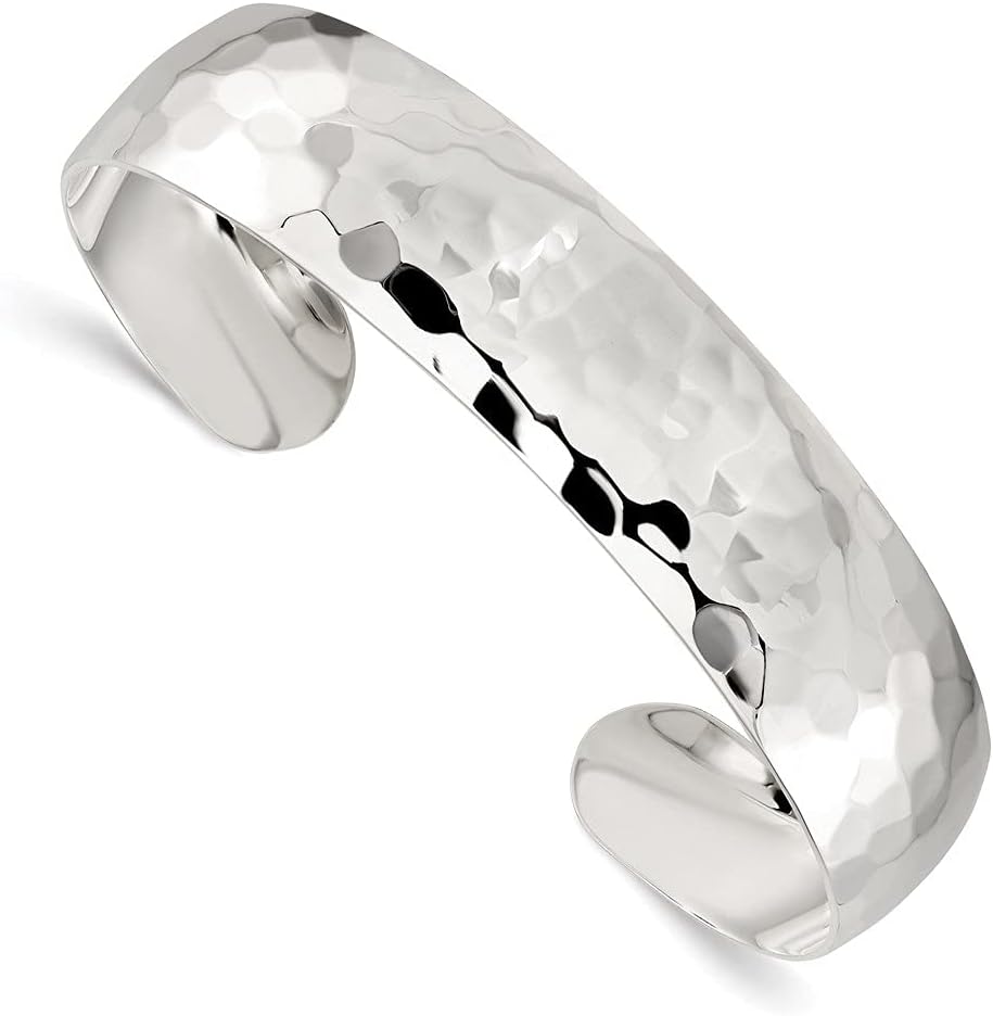 Diamond2Deal 925 Sterling Silver 13.5mm Hammered Cuff Bangle Bracelet