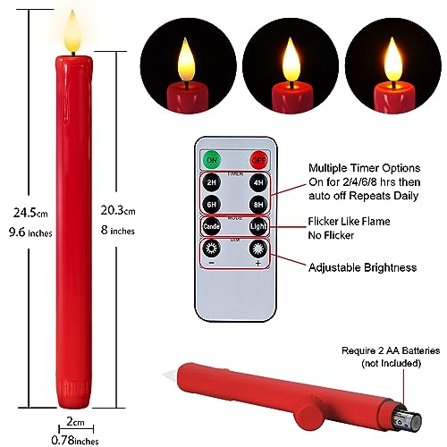 Image of Homemory 6 Pcs Flameless Taper Candles with Remote Timer Dimmer, Red Battery Operated Candlesticks Flickering, Plastic Led Taper Candles Realistic, 9.6 Inches for Party Holiday Celebrations Christmas