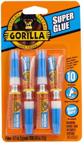 Gorilla Super Glue, Clear Glue, Four 3 Gram Tubes (Pack of 1) - All Purpose and Fast Setting for Projects and Repairs