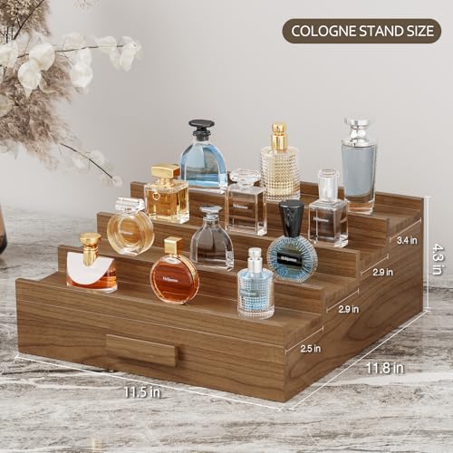 Image of Solid Walnut Cologne Organizer for Men, 4 Tier Cologne Stand Display Shelf | Wood Perfume Organizer, Cologne Holder with Drawer Storage and Hidden Compartment,Gift for Men Dad Husband Brother Boyfriend