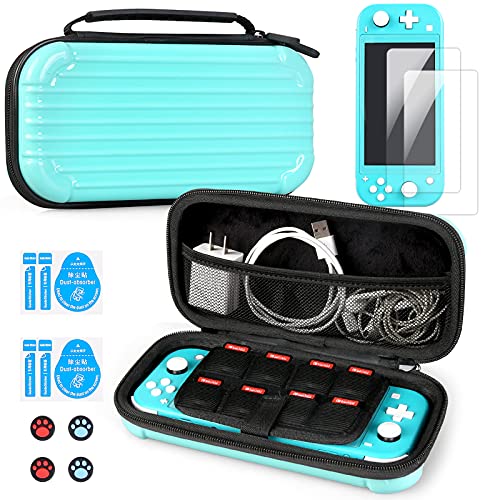 Kramow Tasche für Nintendo Switch Lite, Tragetasche wasserdichte Hartschalen, Aufbewahrungstasche mit 2 Bildschirmschutz und 4 Daumenkappen, Zubehör für Spielkonsolen Junge Mädchen, Grün Cover