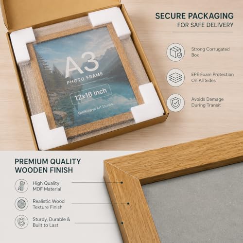 Image of Abhikalpya Art Studio 12x16 Inch A3 Size Photo Frame for Wall - Vertical & Horizontal Wooden Look Picture Frame for Home Decor, Poster, Certificate, Artwork, Gallery Wall Set of (1) (Teak colour)