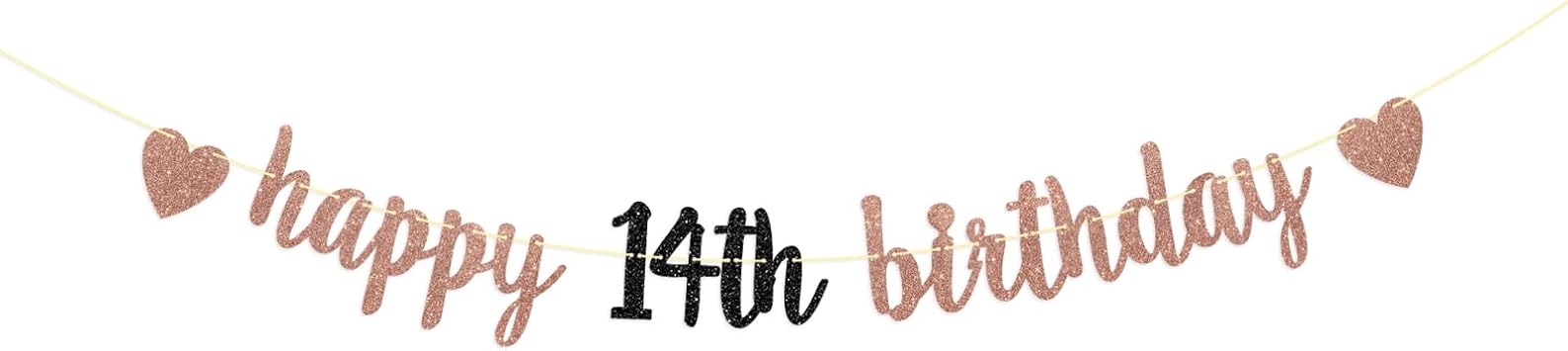 Dill-Dall Rose Gold Glitter Happy 14th Birthday Banner, 14th Birthday Party Decorations