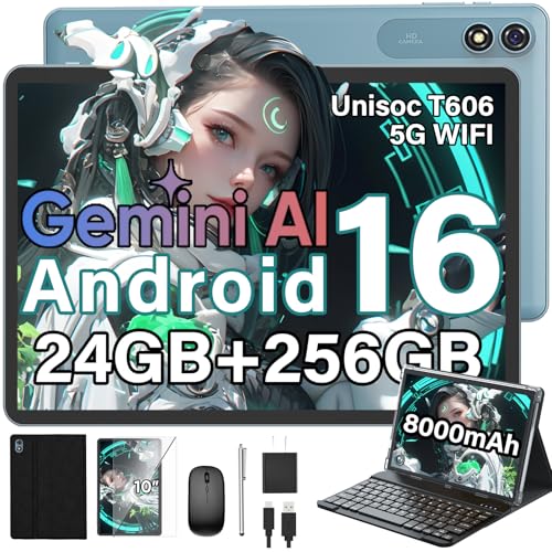 Image of 2026 Android 16 Tablet with Keyboard, 10 inch Tablet with 24GB+256GB+2TB Expand, Gemini AI Tablet PC with 8-Core, 5G WiFi, 8000mAh, GMS, GPS, 2-in-1 Tablet with Case, Mouse, Stylus(Black case)