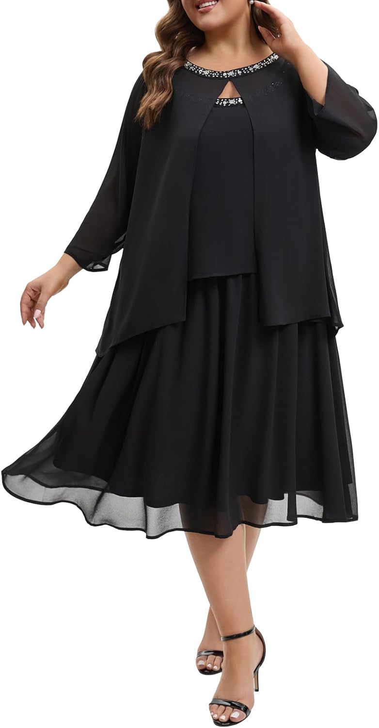 Plus Size Mother of The Bride Chiffon Dress and Jacket 2 Piece Set with Beaded Round Neck for Formal Wedding Guest Outfit - Image 3