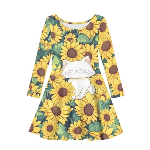 Girls Cute Print A Line Skater Dress Loose Casual Comfy Midi Flowy Swing Twirly Dress Spring Elegant Party Dresses