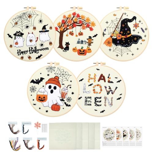 Image of ElasignShopo 5 Sets Halloween Embroidery Kit for Adult Beginners Pumpkin Bat Embroidery Starter Kit Halloween Cross Stitch Kits Needlepoint Kits Includes Instruction 2 Hoops Color Threads Needles