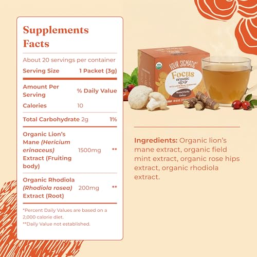 Image of Four Sigmatic Lion's Mane Focus Elixir Mushroom Coffee Alternative | Organic Lion's Mane Mushroom Powder, Rhodiola & Rose Hips | Immune & Memory Support | Paleo | Pack of 20