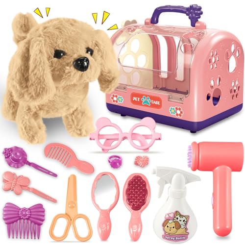 TEUVO 14Stück Hund Spielzeug Kinder, Spielzeug Hund der Läuft und Bellt mit Tierkäfig und Kuscheltier Interaktiver Elektrischer Plüsch Interaktives Haustier Hund Geschenke für 2-8 Jahre Mädchen Jungen