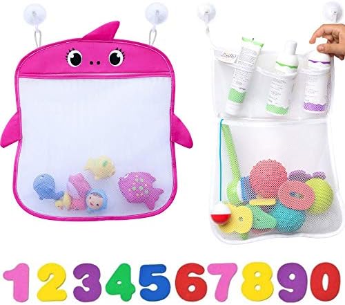 JOJOOKIDS Bath Toy Storage Set of 2 + 10 Eco-Safe Foam Numbers | Bath Toy Organizer Mesh Net Shower Caddy for Baby Bath Toys for Toddlers | Quick Dry Bathroom Decor Bath Toy Holder