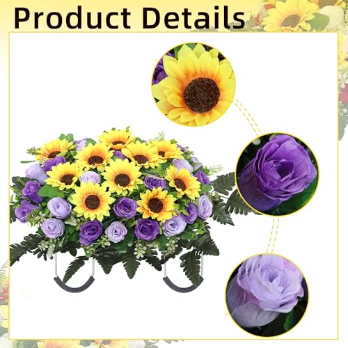 Lodou Artificial Cemetery Flowers Saddle-Shaped Tombstone Decorations,Large Headstone Flower Saddle,Rose Sunflower Memorial Flowers (Purple) image 6