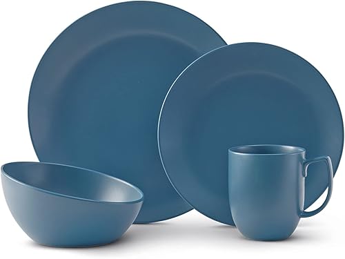 Nambe - Colección POP - Colocación de color azul Aurora - Juego de 4 piezas que incluye plato de cena, plato de ensalada, cuenco de sopa y taza.