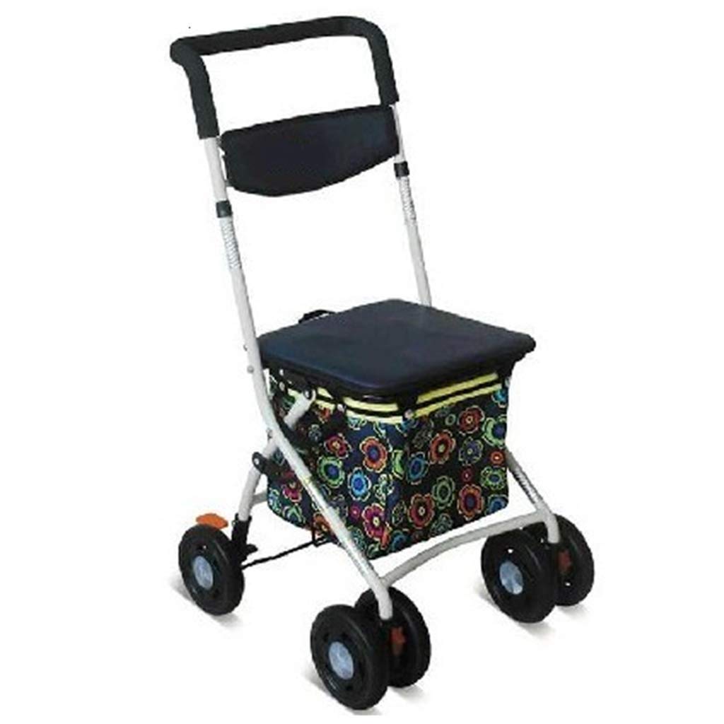 Carrello Pieghevole per la Spesa con deambulatore Pieghevole a Quattro Ruote, ausilio per la deambulazione con Schienale, Cestino per la Spesa, corrimano, Freno a Pedale Rimovibile