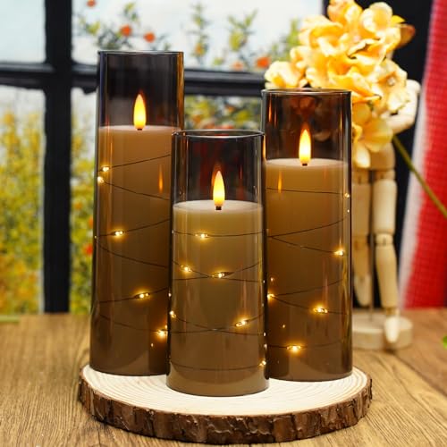 Image of Nimiko Flickering Flameless LED Candles, 9 Pcs with Embedded Star String, Acrylic LED Pillar Candles with Remote, Suitable for Home Decoration (Grey)