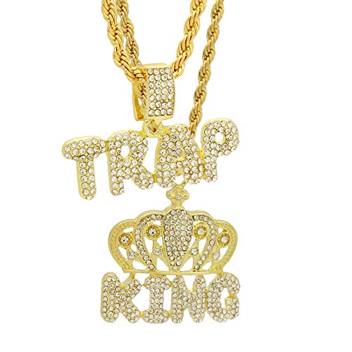 Jewel Town New Cz Bubble Letter Trap with King Crown Fully Cz 14k Gold Plated 2 Pendants Necklace w/Two 30"/24" Inch Rope Chain Set