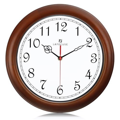 Lafocuse 30cm Horloge Murale Bois Massif Vintage, Marron Silencieuse Pendule Murale Classique Analogique sans Tic-tac, Design Retro Décoration pour Salon...