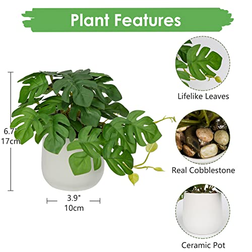 Oairse Small Artificial Plants in Ceramic Pots Decorative Fake Potted Plants Faux Monstera Leaves Realistic Greenery Tropical Plant Indoor for Aesthetic Home Office Kitchen Bathroom Desk Décor - Image 2