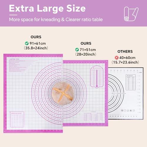 Lazymi Extra Große Backmatte Silikon: Antihafte Teigmatte 91x61cm - Rutschfeste Backunterlage Ausrollmatte für Teig - Teigunterlage mit Messung Silikonbackmatte für Fondant/Pizza/Brot Backen , Violett