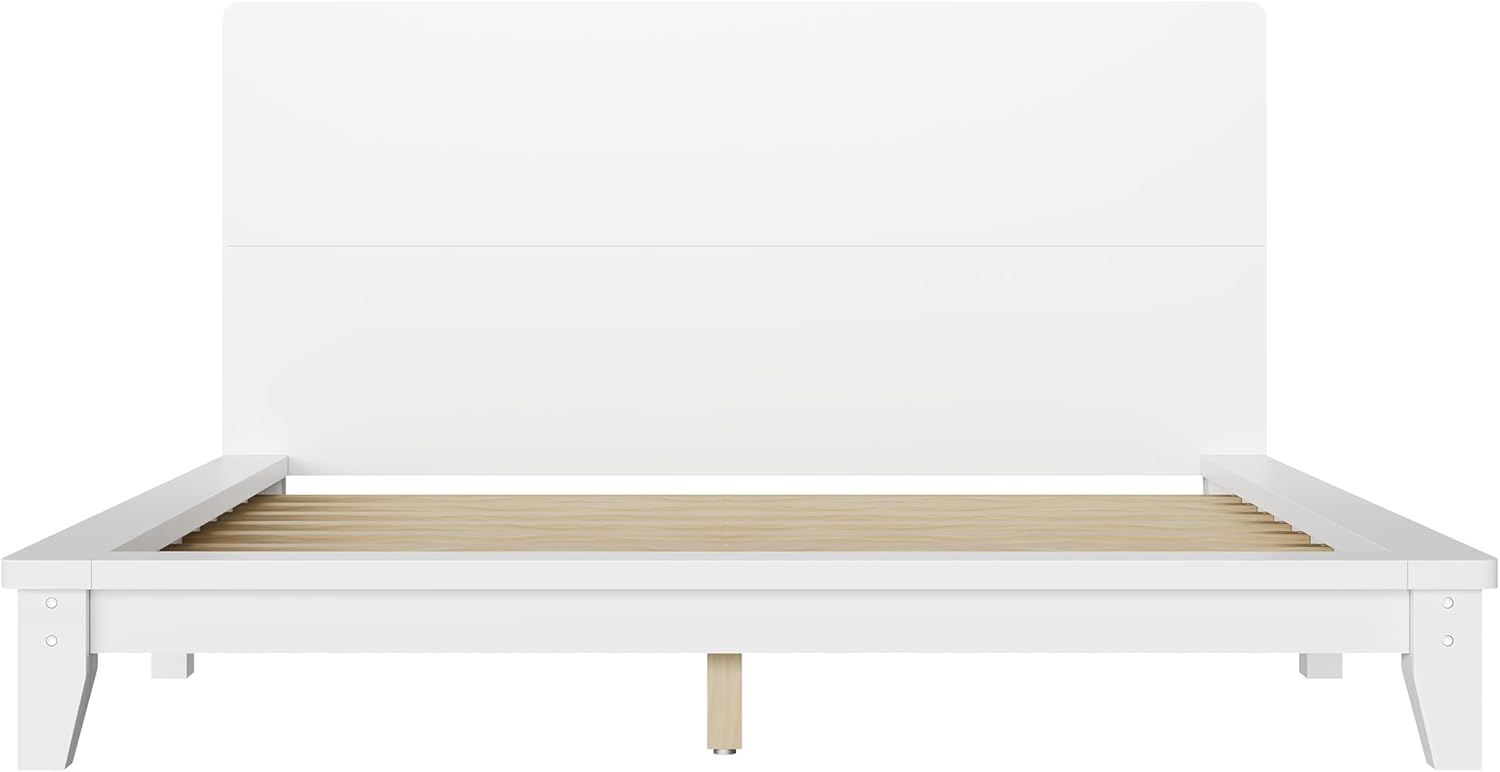 Polibi Queen Size Platform Bed Frame with Headboard, Wood Slat Support No Box Spring, Easy Assembly, Sturdy Rustic Modern Bed in White