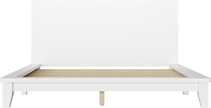 Merax Queen Size Solid Wood Platform Bed Frame, Modern Comfortable with Headboard, Slat Support, No Box Spring Needed, White