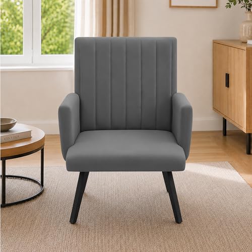 Image of Rosebell Modern Accent Chair for Living Room | Single Seater Chair with Armrests & Metal Legs | Comfortable Lounge Chair for Bedroom, Reading & Office | Grey