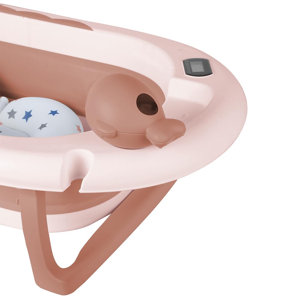 Vasca da bagno con supporto stabile, termometro integrato, tappetino da bagno e cuffia da bagno, pieghevole e antiscivolo, adatta per neonati e bambini (rosa)