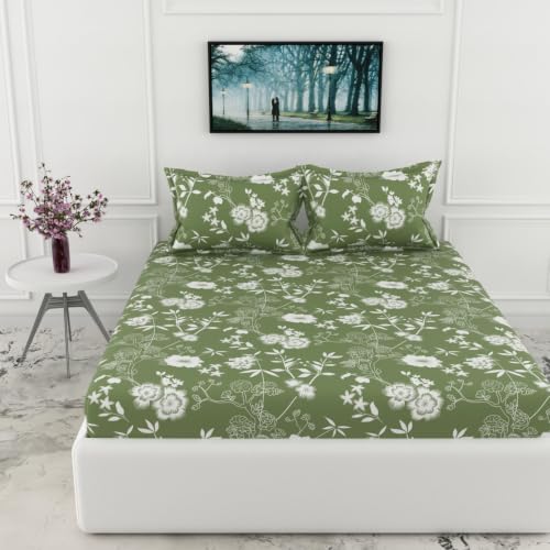 Image of LORETO - A QUALITY LINEN BRAND 144 TC 100% Pure Cotton King Size Fitted Bedsheet with 2 Pillow Covers for 72 x 72 Inch Mattress, All-Around Elastic, 8 Inch Deep Pocket, Olive Green Floral Whisper