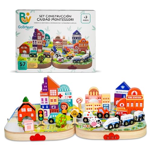 GoBruver Juguete Montessori de Madera 57 Piezas para Niños 3 4 5 6 Años – Bloques de Construcción Ciudad con Tren, Coches, Edificios y Señales de Tráfico – Juego Educativo con Maletín