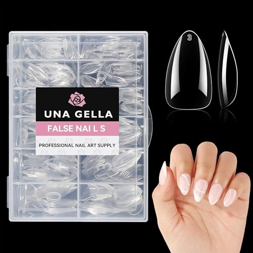 Image of UNA GELLA Short Almond Gel Nail Tips, 504pcs Pre-shape Short Almond Nail Tips 12 Sizes Press on Nails Soft Gel Acrylic Clear Fake Full Cover for Nails Extension Home DIY Salon