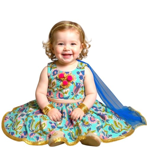 Image of A.T.U.N. (ALL THINGS UBER NICE) Baby Girls Cotton Ethnic Floral Lehenga Choli Set with Lace & Dupatta | Traditional 3-Piece Festive Outfit for Kids