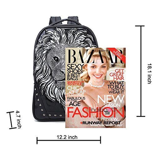 3D Animal Head Backpack, Studded Pu Leather Cool Laptop Backpack College Bookbag (Lion-Black) One Size #TOP5