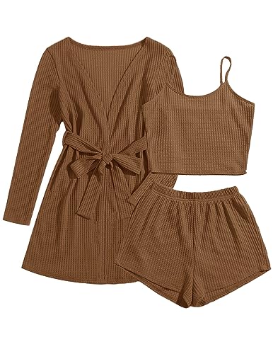 Image of Ekouaer Pajamas for Women Set 3 Piece Lounge Set Soft Pajama Sets Waffle Knit Tank Top and Shorts Cardigan with Pockets S-XXL