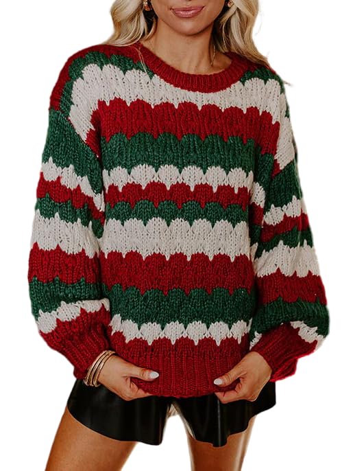 Women Christmas Striped Oversized Knit Sweater Color Block Long Sleeve Crew Neck Fall Winter Rainbow Colorful Jumpers