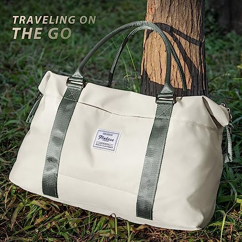 Image of Travel Duffel Bags for Women Mens Waterproof Weekender Carry on Bag Sports Gym Bag Travel Tote Bags with Wet Pocket Overnight Bag Workout Duffel Bags with Trolley Sleeve Beige with Green