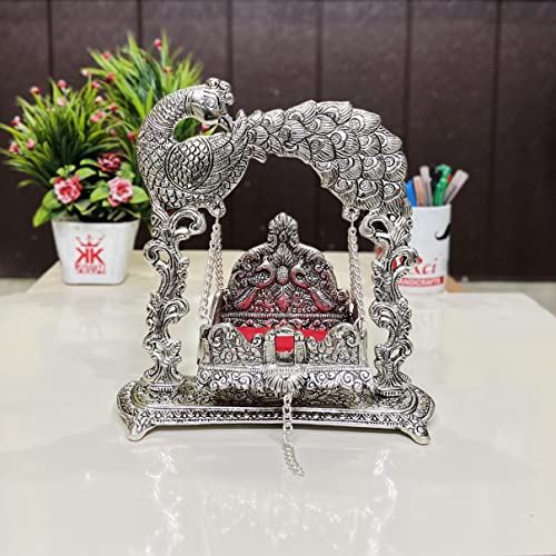Image of KridayKraft Metal Laddu Gopal Jhulla For Janmastmi Festive Silver Plated Polish Decorative Metal Palna For Krishna Ji, Temple Office,Gift Article, 20 cm , 23 cm