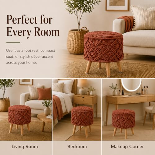 Image of Macrame Ottoman for Living Room | Handcrafted Woven Foot Rest Stool with Solid Wooden Legs | Pouffe for Sitting, Foot Stool for Bedroom & Home Decor | 16x16x18 Inch (Rust)