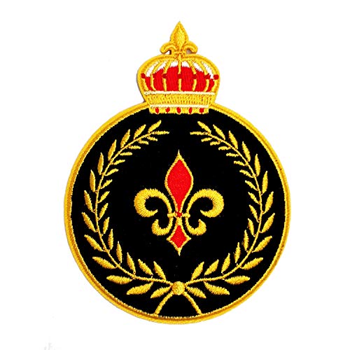Patch blason, lys royal, emblème fleur de lys couronne royale et couronne de lauriers, écusson entièrement brodé thermocollant pour customisation de vêtements et accessoires, 9 cm Cover