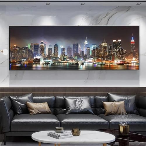 Decoration de chambre moderne avec grand tableau de paysage urbain nocturne 60x145