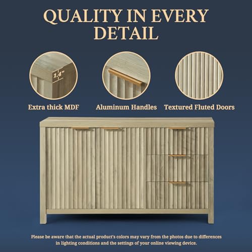 Buffet Cabinet with Storage Fluted Sideboard with 2 Doors 3 Drawers Modern Credenza Accent Cabinets for Living Room Kitchen Hallway,Adjustable Shelves (Natural) - Image 6